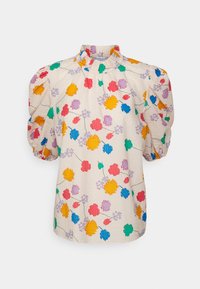 Bloem blouse met puffmouwen, voorzien van kleurrijke geborduurde ontwerpen op een lichtromige textuurstof. Hoge halslijn en losse pasvorm.