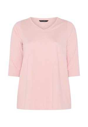 Hellrosa, kurzärmeliges Damenoberteil mit V-Ausschnitt, lässigem Schnitt und halbhohen Ärmeln.