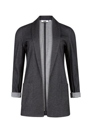 Donkergrijze blazer met open voorkant, lange mouwen, twee voorzakken en een gestreepte voering die zichtbaar is bij de manchetten en aan de binnenkant.