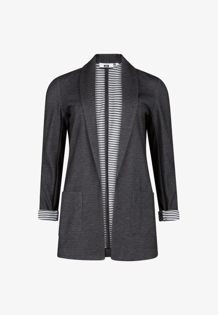 Blazer gris foncé à ouverture frontale, manches longues, deux poches avant, et doublure intérieure rayée visible aux poignets et à l'intérieur.