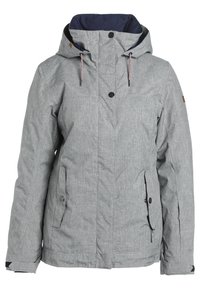 Veste d'hiver à capuche gris clair avec boutons devant, poches zippées, poignets réglables et doublure intérieure bleu foncé.
