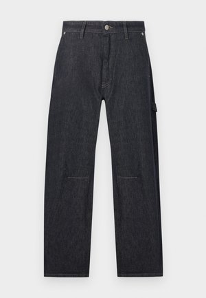 Dark denim jeans with a straight cut, featuring a button closure and subtle stitching details. Cargo pocket on the side.