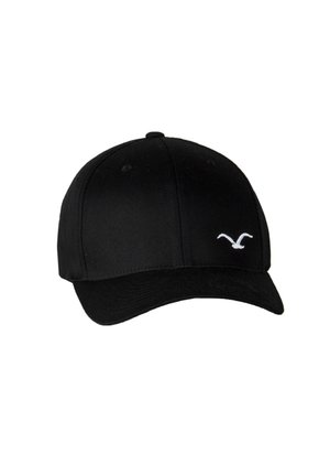 Schwarze Baseballmütze aus Stoff mit einem gebogenen Schirm, mit einem weißen Vogel-Logo auf der Front. Sechs Belüftungslöcher sind vorhanden.