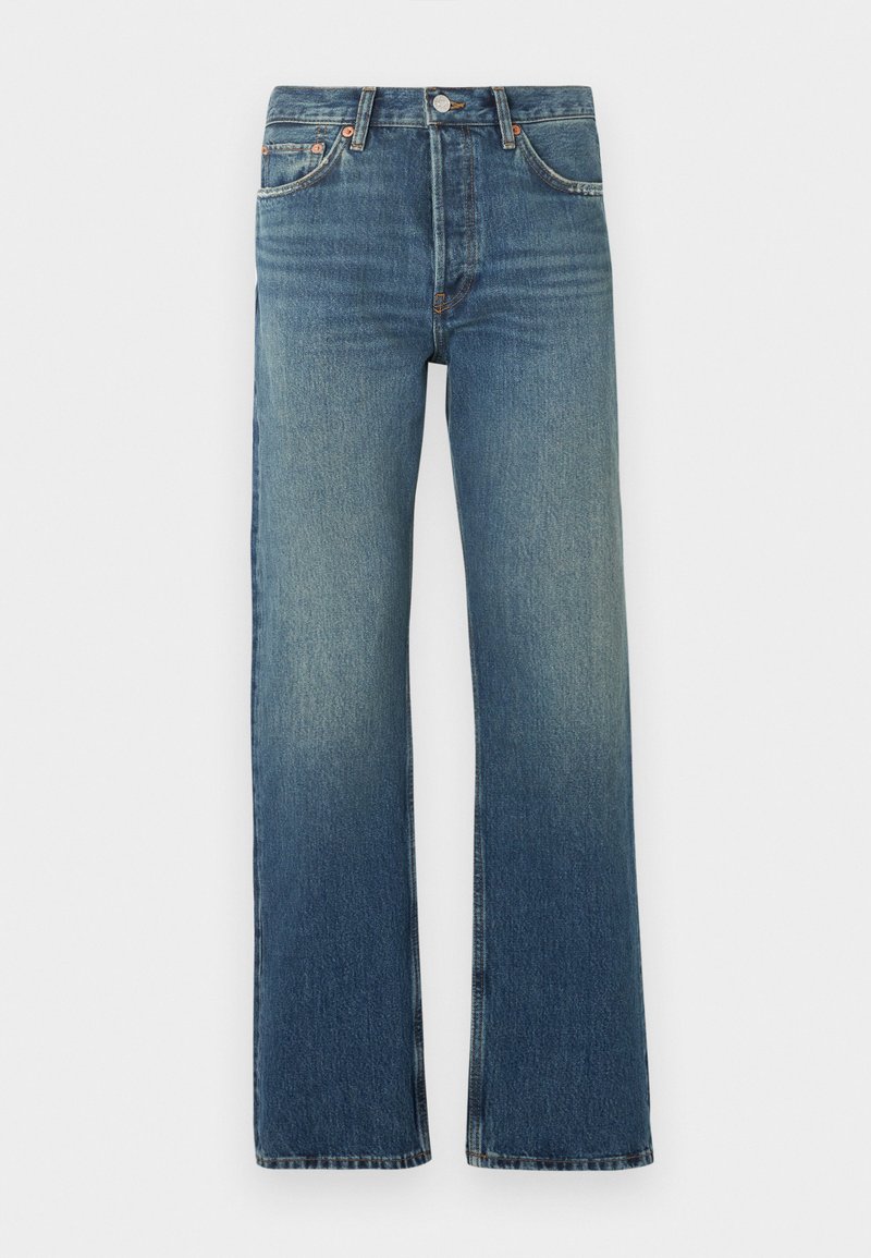 Blaue High-Waist-Jeans mit geradem Bein, vorne mit Knopf und Reißverschluss, klassischem Fünf-Taschen-Design und ausgewaschenem Look an Oberschenkeln und Knien.