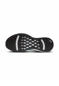 Zwarte rubberen schoenzool met een textuurpatroon voor grip, voorzien van witte accenten en een gebogen vorm voor een ergonomisch ontwerp.