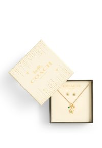 Guldsmykkesæt bestående af en kædehalskæde med stjernevedhæng og grøn accent samt matchende stjerneøreringe, præsenteret i en designerboks.