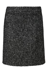 Mini-jupe trapèze en tweed noir et gris avec un motif texturé subtil et une ceinture, adaptée pour un usage décontracté ou formel.