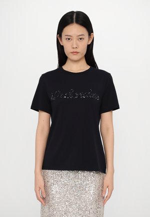 Camiseta de algodón negra con mangas cortas y escote redondo. Presenta el texto "entender" en lentejuelas en la parte delantera.