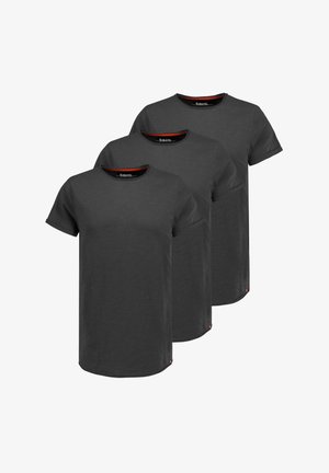 Three black t-shirts with a round neckline, short sleeves, and a red accent on the neck and hem, made from a soft, lightweight fabric.