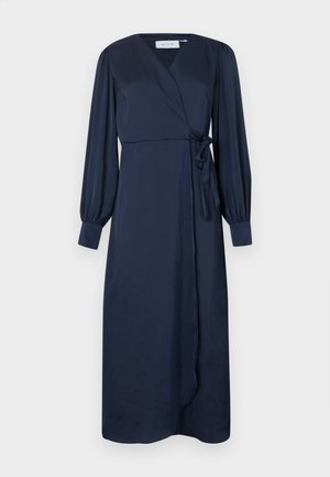 Navy blue wrap dress with long sleeves, a tie at the waist, and a v-neck. Made of smooth fabric with a flowing design and subtle sheen.