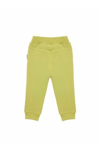Jasnozielone bawełniane spodnie z miękkim paskiem w talii, zwężanymi nogawkami i elastycznymi mankietami. Gładka tekstura z prostym wzornictwem, bez widocznych wzorów.