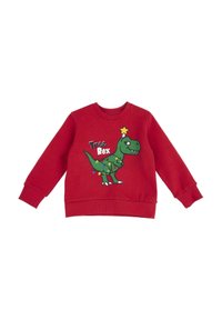 Felpa rossa in cotone con una grafica di un dinosauro verde accompagnata da una stella e luci. Polsini e scollatura a coste con una vestibilità rilassata.