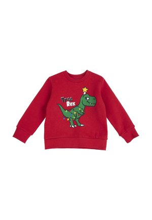 Felpa rossa in cotone con una grafica di un dinosauro verde accompagnata da una stella e luci. Polsini e scollatura a coste con una vestibilità rilassata.