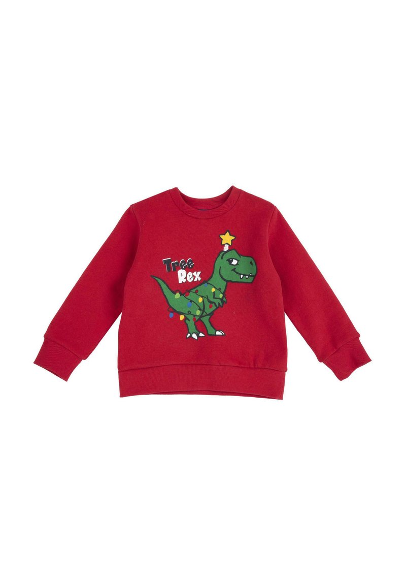 Felpa rossa in cotone con una grafica di un dinosauro verde accompagnata da una stella e luci. Polsini e scollatura a coste con una vestibilità rilassata.