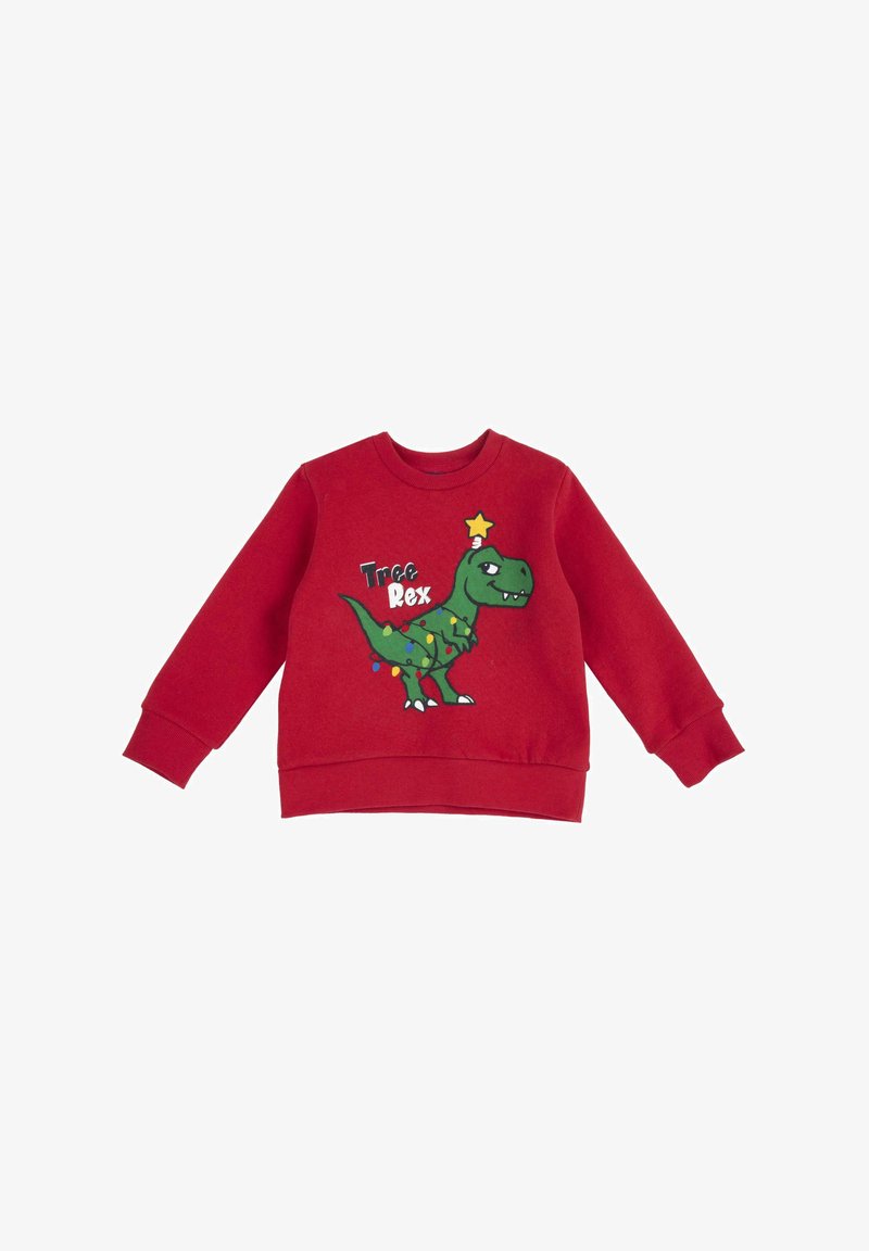 Felpa rossa in cotone con una grafica di un dinosauro verde accompagnata da una stella e luci. Polsini e scollatura a coste con una vestibilità rilassata.
