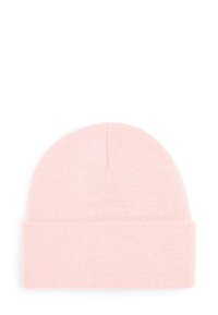 Soft pink knitted beanie with folded cuff, displayed on white background.
