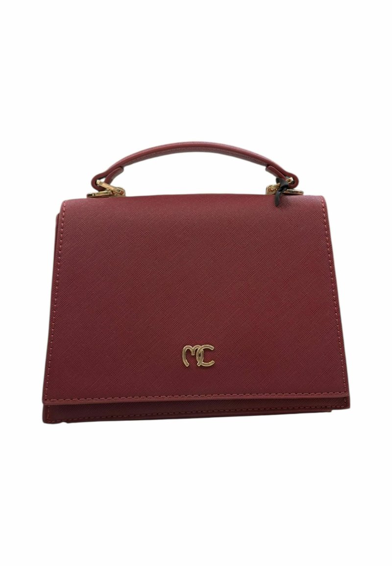 Borsa a mano in pelle bordeaux con forma strutturata, dettagli in metallo dorato, manico superiore e un logo dorato ben visibile sul davanti.