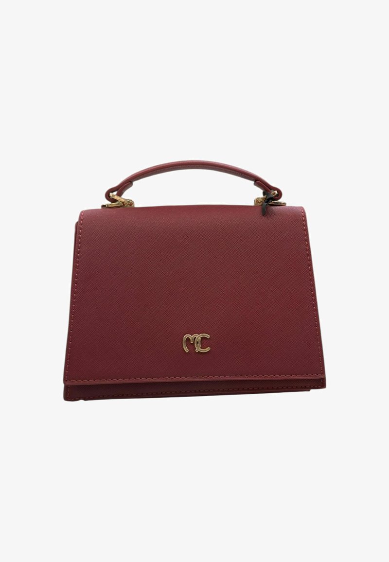 Borsa a mano in pelle bordeaux con forma strutturata, dettagli in metallo dorato, manico superiore e un logo dorato ben visibile sul davanti.