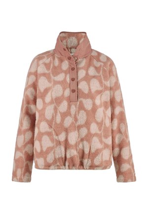Pink- und beigefarbener Fleecepullover mit Muster, hohem Kragen und Knopfleiste, elastischem Saum und langen Ärmeln.
