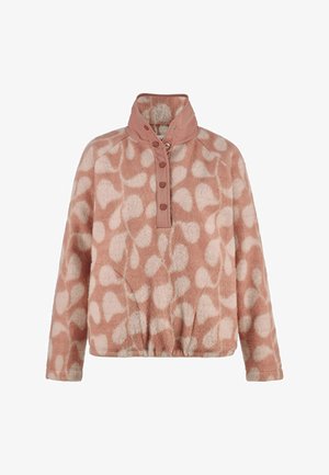 Roze en beige fleece pullover met patroon, hoge kraag en knoopsluiting, elastische zoom en lange mouwen.