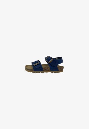 Sandalo blu navy per bambini con cinturini regolabili e fibbie in metallo, plantare in sughero e suola in gomma texturizzata.