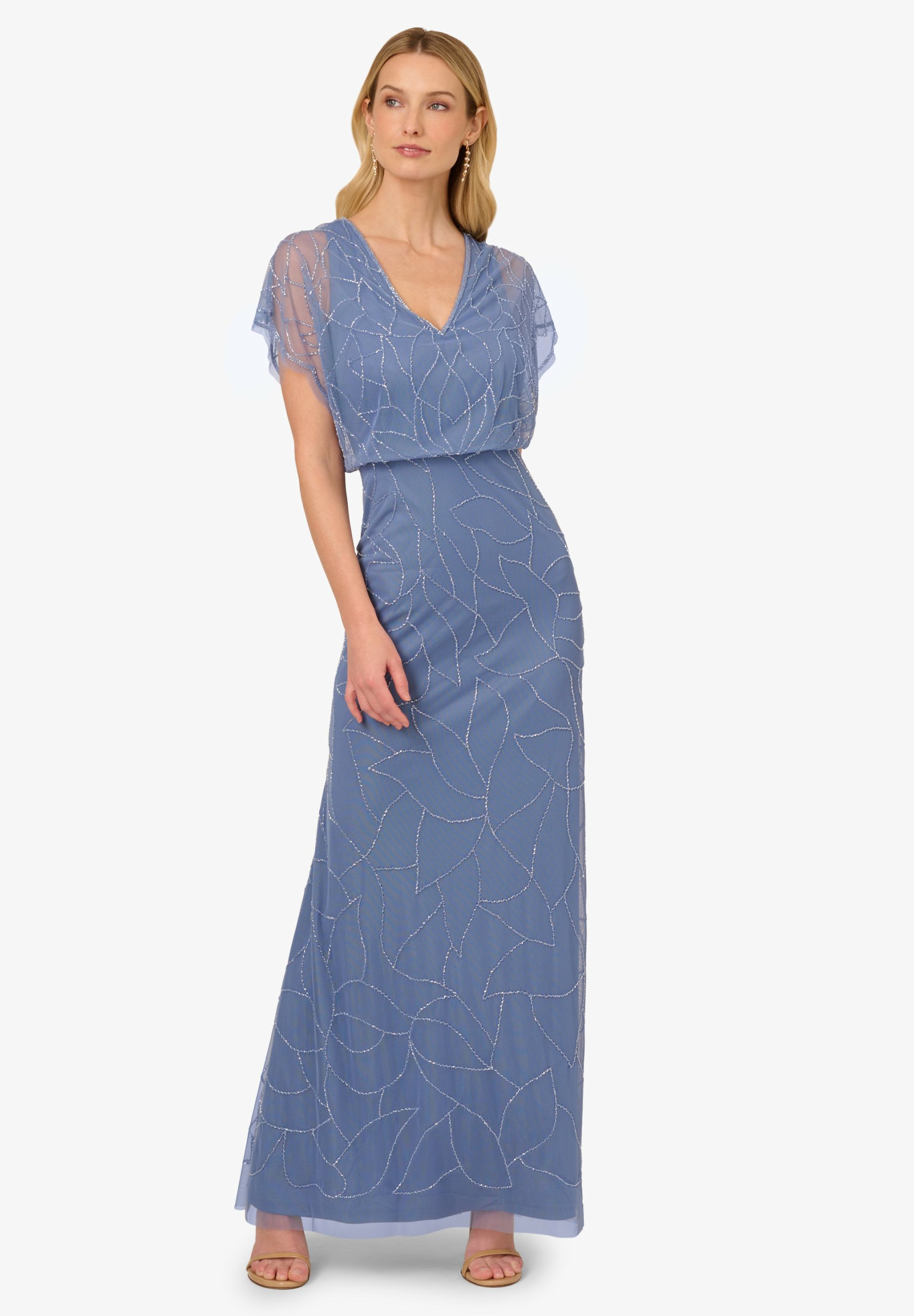 princess polly baby blue dress Flourish Beaded Blouson Gown With Flutter Dolman Sleeves In Stone main image 0