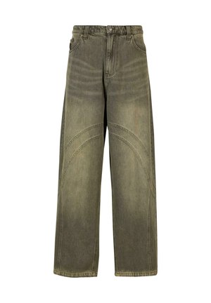 Wide-leg jeans in olive green denim, featuring curved seam accents, classic button closure, and a faded finish.