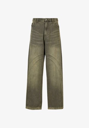 Jeans a gamba larga in denim verde oliva, con dettagli di cuciture curve, chiusura con bottone classico e finitura scolorita.