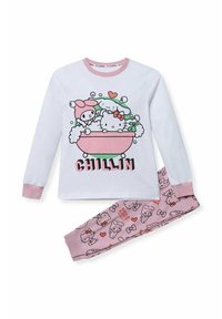 Long-sleeve white pajama top with pink accents and cartoon characters; matching pink pants with repeated character patterns and hearts.