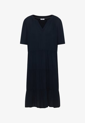 Abito midi nero a maniche corte a più strati, con scollo a V e vestibilità ampia, pensato per un uso casual o semi-formale.