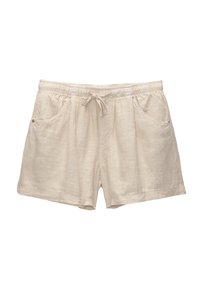 Pantaloni corti in lino beige con elastico in vita, nastro frontale e due tasche laterali; presenta cuciture visibili e accenti hardware a contrasto.