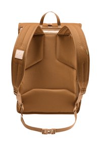 Brauner Rucksack mit gepolstertem Rücken, verstellbaren Trägern und einem Obergriff. Verfügt über eine glatte Textur und einen stabilen Schnallenverschluss.