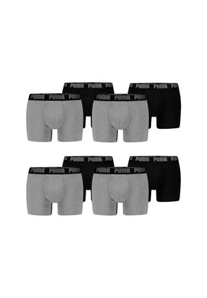 Vier Paare graue und vier Paare schwarze Boxershorts mit schwarzen elastischen Bündchen, die das Puma-Logo in wiederholendem Muster aufweisen.