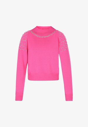 Pulover roz aderent cu un gât înalt, având strasuri decorative pe umeri și mansete și tiv cu sistem de nervuri.