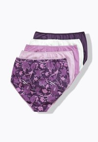 Lot de cinq culottes pour femmes dans différentes nuances de violet, incluant un motif floral. Les matériaux semblent lisses avec des ceintures élastiques.
