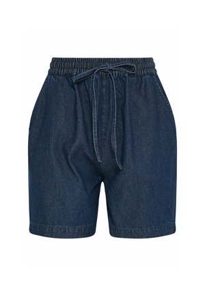 Ciemnoniebieskie szorty dżinsowe z elastycznym pasem i sznurkiem do regulacji, wyposażone w boczne kieszenie i luźny krój.