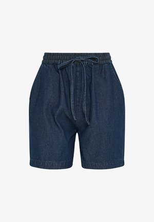 Dunkelblaue Jeansshorts mit elastischem Bund und Kordelzug, ausgestattet mit Seitentaschen und einem lockeren Schnitt.