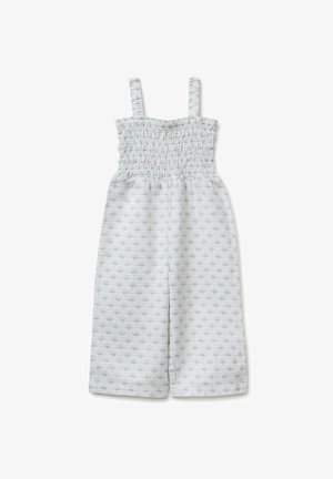 Mono blanco sin mangas con corpete fruncido y pequeño patrón multicolor de arcoíris, pantalones de pierna ancha para niños.