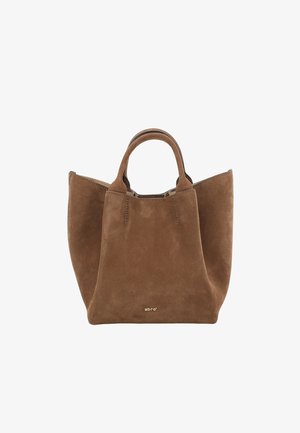 Brown suede tote bag with a structured shape, two short handles, and a gold logo accent on the front, featuring a smooth texture.