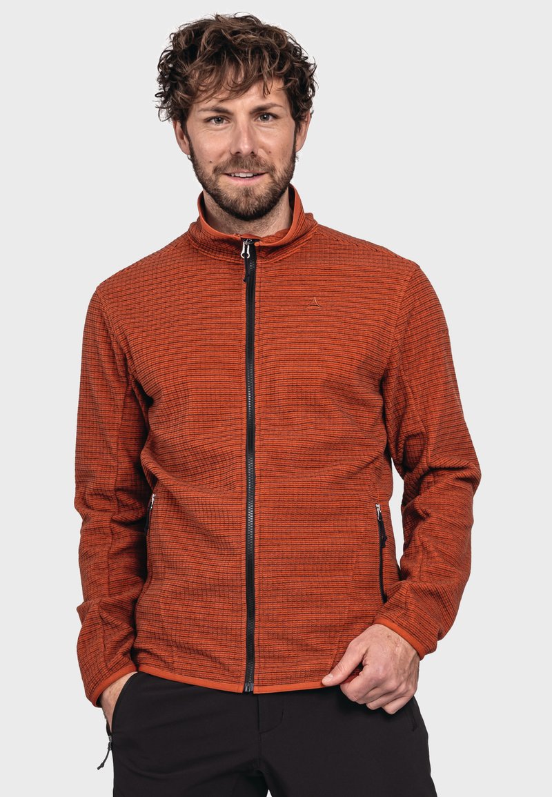 Orange Fleecejacke mit strukturiertem Muster, hohem Kragen, durchgehendem Reißverschluss und seitlichen Reißverschlusstaschen. Mit einem Logo auf der Brust.