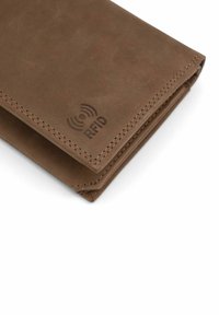 Brown leather wallet featuring RFID blocking technology. Visible stitching along the edges and embossed RFID symbol on the front.