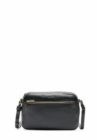 Schwarze Leder-Crossbody-Tasche mit Reißverschluss, Hardware in Goldfarbe, vorderer Reißverschlussfach und abnehmbarem Tragegurt. Strukturierte, minimalistische Gestaltung.