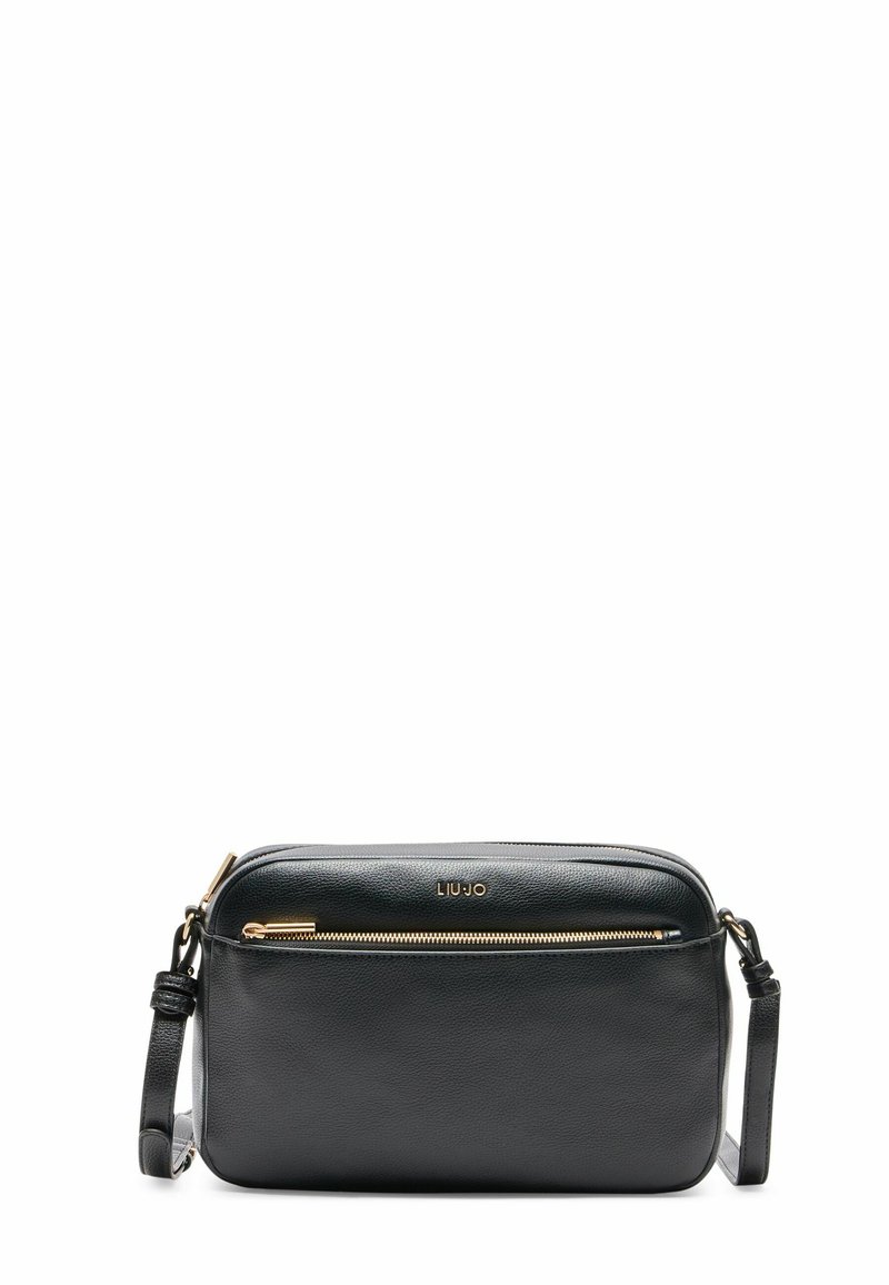 Schwarze Leder-Crossbody-Tasche mit Reißverschluss, Hardware in Goldfarbe, vorderer Reißverschlussfach und abnehmbarem Tragegurt. Strukturierte, minimalistische Gestaltung.