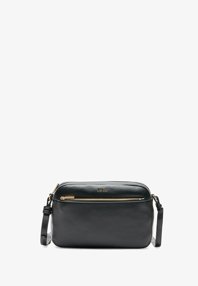 Borsa a tracolla in pelle nera con chiusura a zip, hardware dorato, tasca frontale con zip e tracolla removibile. Design strutturato e minimalista.