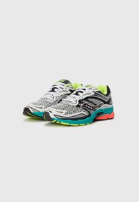 Pair of white, black, and neon running shoes with mesh fabric, teal and coral soles, and white laces on a plain white background.