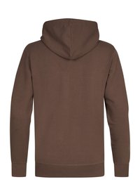 Felpa con cappuccio marrone, in misto cotone, presenta maniche lunghe, polsini a costine e un design semplice senza grafiche o dettagli visibili.