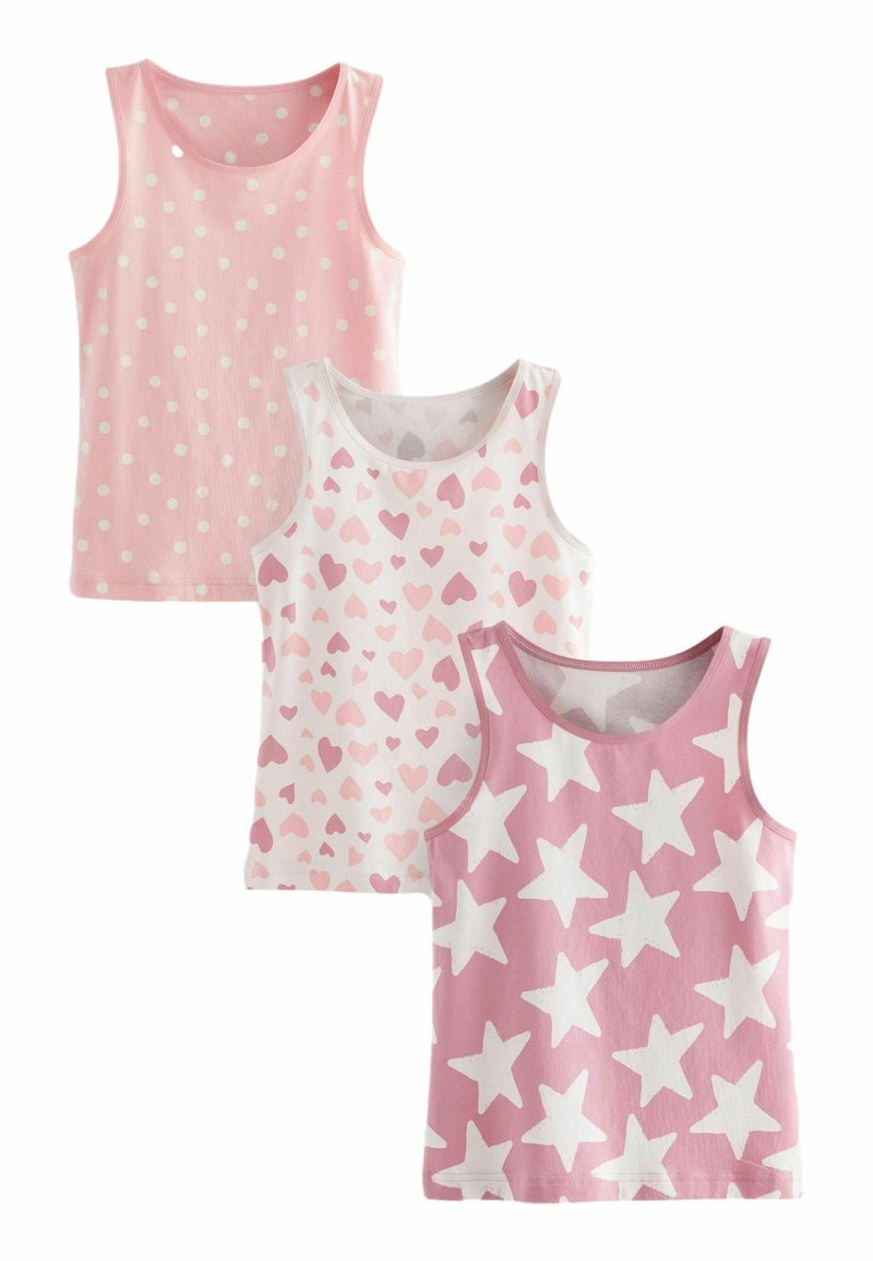 Drie hemdjes met lichtroze met witte stippen, wit met roze harten, en roze met witte sterren, allemaal van zacht katoen.