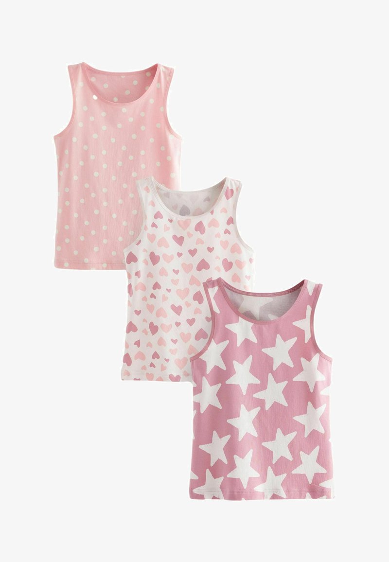 Három ujjatlan felső, az egyik világos rózsaszín, fehér pöttyökkel, a másik fehér, rózsaszín szívekkel, a harmadik pedig rózsaszín, fehér csillagokkal, mind puha pamut anyagból készült.