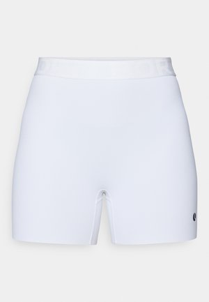 White shorts with a smooth, stretchy fabric. Features a solid waistband with embossed text and a small logo on the lower side.