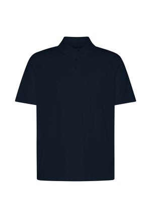 Schwarzes Poloshirt mit kurzen Ärmeln, Drei-Knopf-Leiste und Kragen, flach auf weißem Hintergrund liegend dargestellt.